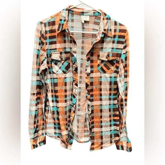 Passport Tops - Plaid Button-Up Shirt in Orange and Blue MEDIUM